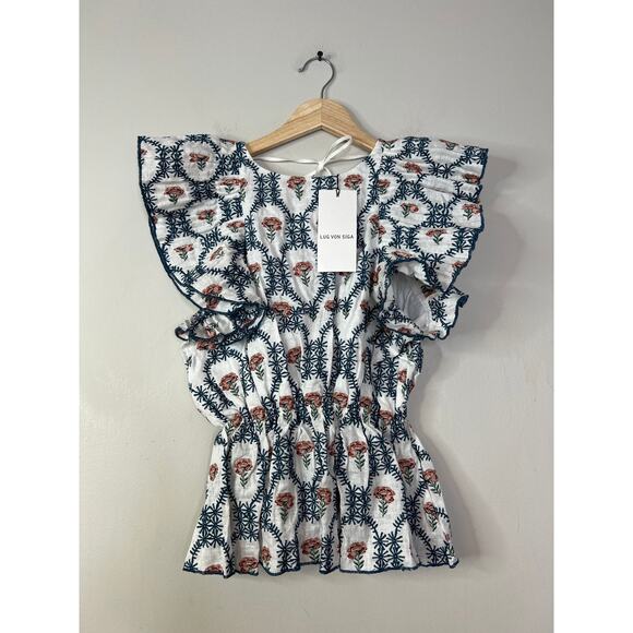 NWT Lug Von Siga Linen Jessica Back Tie Ruffle Sleevless Blue Flower Blouse Top - Picture 2 of 8